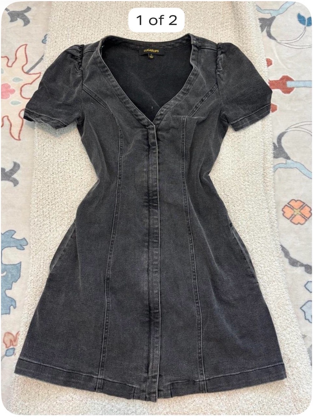 Sugarlips Washed Black V‑Neck Denim Mini Dress